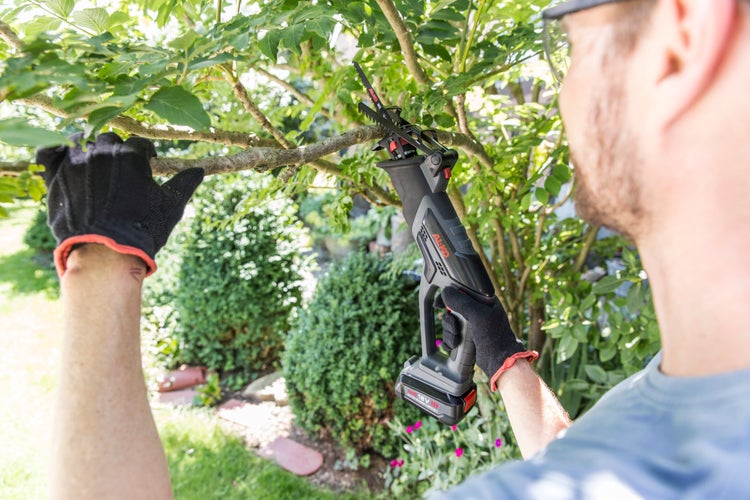 AL-KO Akku-Astsäge im Einsatz beim Schneiden eines Baumastes im Garten.