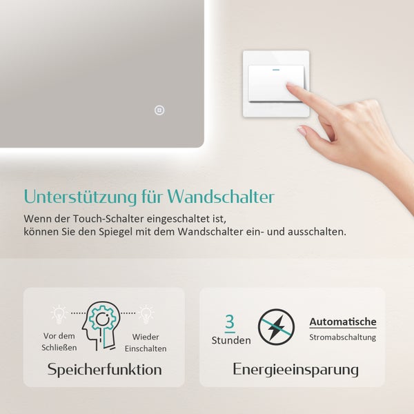 EMKE LED Badspiegel 80x60 cm, Touchschalter, 3 Lichtfarben einstellbar, Helligkeit dimmbar, IP44, flexibel montierbar für Bad