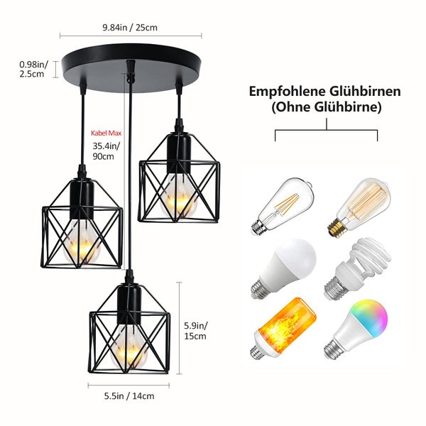 EMKE Pendellampe 3 flammige Kronleuchter Vintage Pendellampe Retro Hängelampe Deckenleuchter, Schwarz Lampenschirm für E27, Wohnzimmer Cafe (1 Set)
