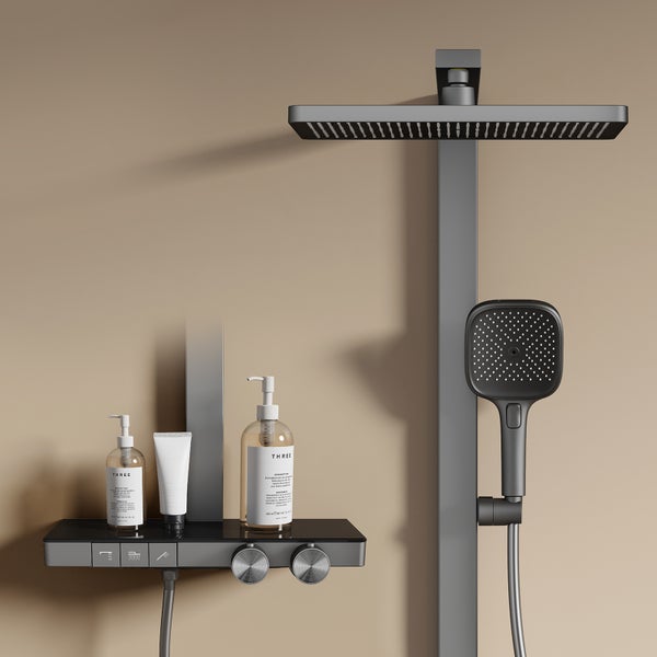 EMKE Duschsystem mit Thermostat, LED-Temperaturanzeige, Regendusche 36 x 24 cm, 4 Strahlarten, höhenverstellbare Brausestange, Anthrazit Matt