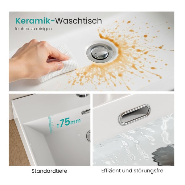 Keramikwaschtisch mit Reinigungsfunktion, Standardtiefe und effizientem Abfluss