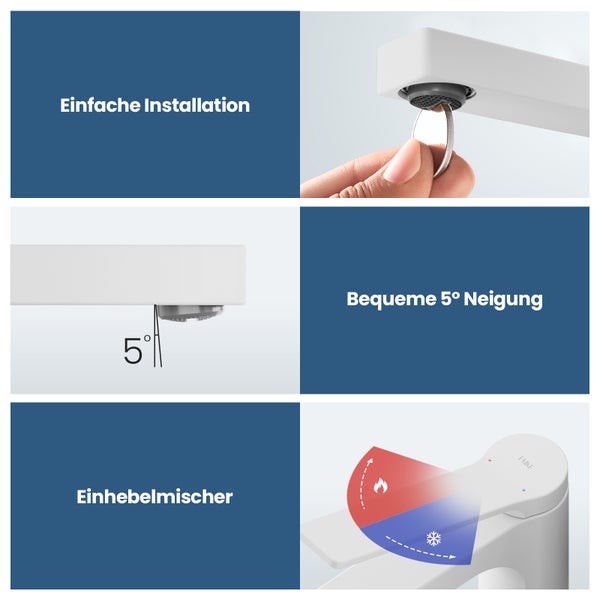 Emke Einhebel-Waschtischarmatur, Badarmaturen, Waschbecken Armatur - Schweizer Design, Minimalistisches Design，3/8 Zoll, Wassersparend, Korrosionsschutz, Warm- & Kaltwasser, Bleifreies Messing, Pflegeleicht -Weiß matt