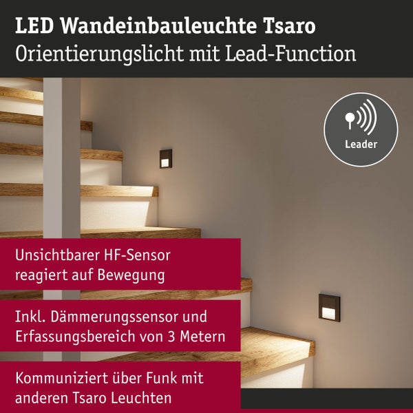 LED Wandeinbauleuchte Tsaro eckig 80x36mm 1W 80lm 230V 2700K Schwarz matt
