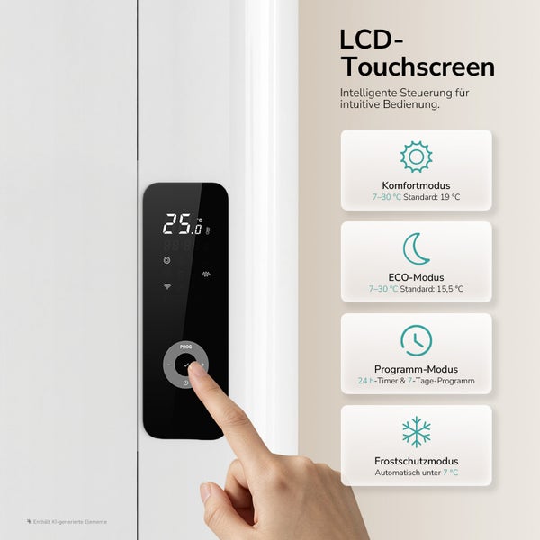 Smartes Thermostat mit LCD Touchscreen zur Heizungssteuerung, zeigt vier Betriebsmodi wie Komfort, Eco, Programm und Frostschutz an.