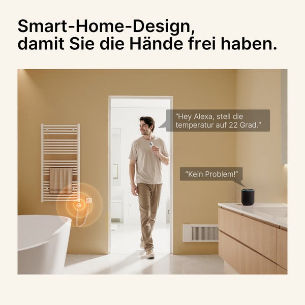 Szene eines Badezimmers mit Smart-Home-Funktionen: Heizkörper mit Handtuch, Person mit Fernbedienung und Sprachassistent.