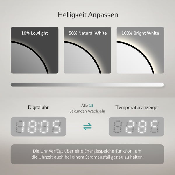 EMKE LED Badspiegel Ø60 cm, 4300K Neutrales Licht, Antibeschlag, Dimmbar, Schwarzer Rahmen, Uhr, Temperaturanzeige, für Badezimmer