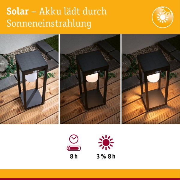 Schwarze Solarleuchte mit Bewegungsmelder auf Holzterrasse