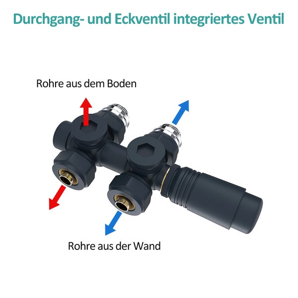 Durchgangs- und Eckventil mit integriertem Ventil zur Verbindung von Rohren aus Boden und Wand