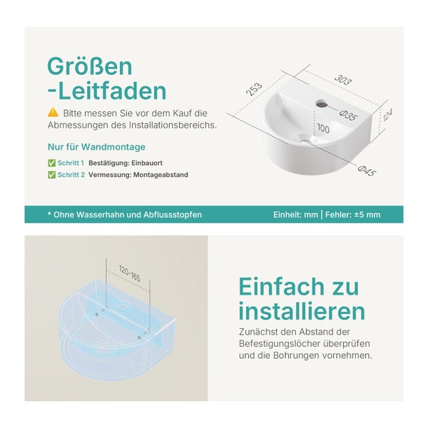 EMKE U-förmiges Handwaschbecken 303 x 255 mm, Keramik, Glänzend Weiß, Wandwaschbecken, mit Wasserhahnbohrung, für Badezimmer und Gäste-WC, Höhe: 12 cm