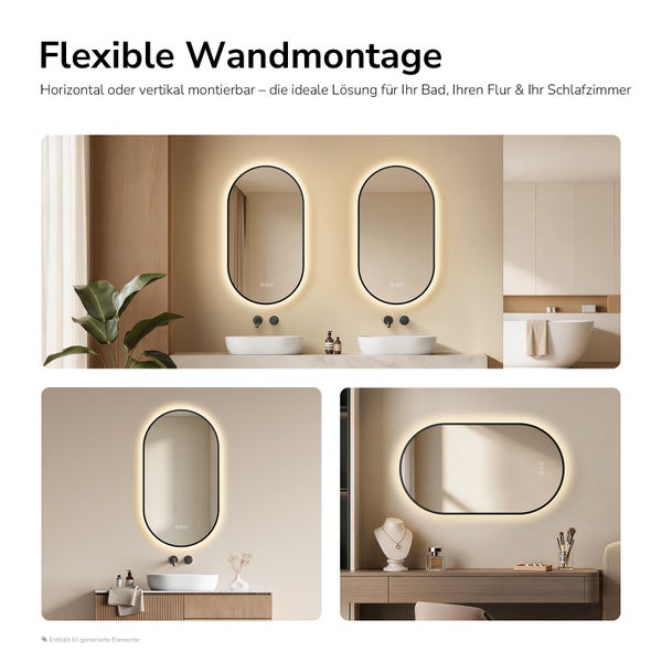 Ovaler LED Badezimmerspiegel mit schwarzem Rahmen, flexibel horizontal oder vertikal montierbar für Bad, Flur oder Schlafzimmer.