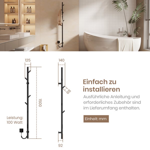 EMKE Elektrischer Handtuchheizkörper 150 cm, Baumförmig Vertikal, 100 W, LCD-Touch, Thermostat & Timer, WiFi,  Schwarz, für Badezimmer