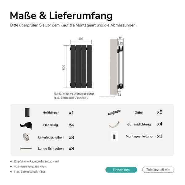 Maßzeichnung und Lieferumfang für einen Designheizkörper mit vier Elementen inklusive Befestigungsmaterial und Montageanleitung.