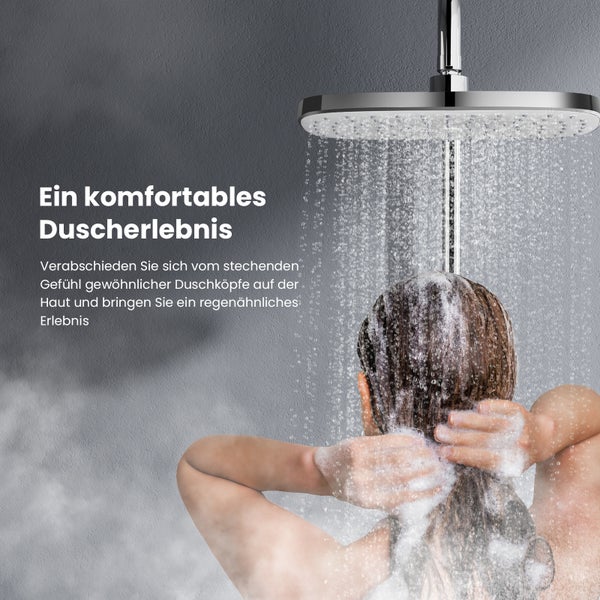 EMKE Duschsystem mit Thermostat, 2 Auslassarten, Regendusche und Handbrause mit 3 Strahlarten, Chrom, 30 cm Armatur, 1,5 m Schlauch, KTW, Höhe: 120 cm