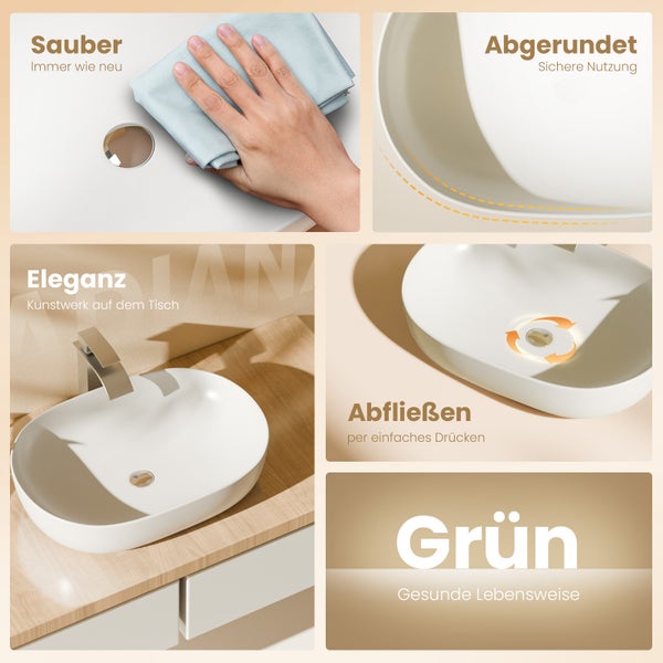EMKE Aufsatzwaschbecken, Ovales Waschbecken 600 x 415 mm, Glänzend Weiß, Keramik, Ohne Hahnloch, Pflegeleicht, Antibakteriell & Feuchtigkeitsbeständig, Für Bad & WC, Höhe 146 mm