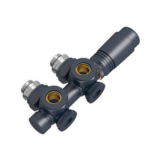 Heizkörper-Anschlussverteiler aus Kunststoff und Messing für Heizungsanlagen.