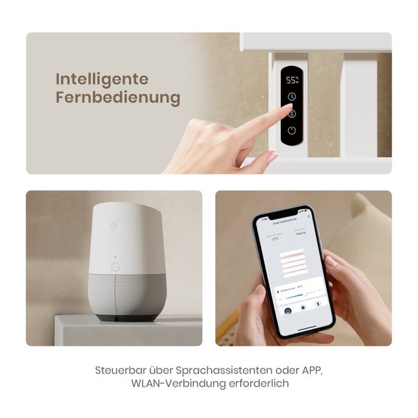 EMKE Smart Handtuchheizkörper 100x50 cm, 600W Heizleistung, Linksanschluss, LCD-Display & WiFi & App-Steuerung, Flachheizkörper, Glänzend Weiß, für Badezimmer geeignet