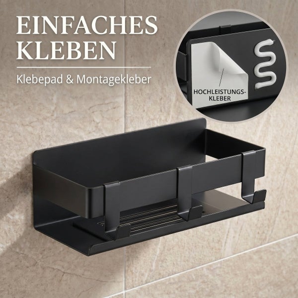 Duschregal zur Klebemontage mit Klebepad und Montagekleber fuer die Wandbefestigung ohne Bohren