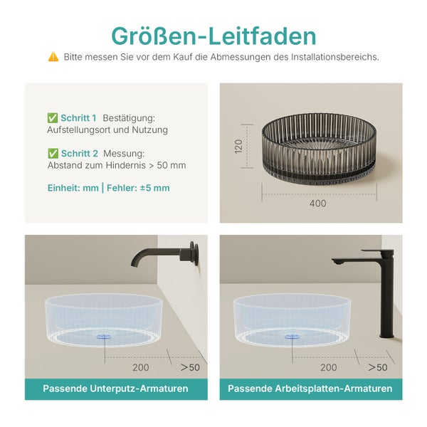 Größeninformationen für ein rundes Aufsatzwaschbecken mit Maßangaben und Installationshinweisen für Armaturen