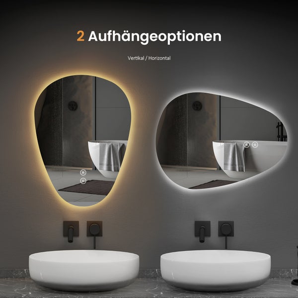 EMKE LED Badspiegel 70x50 cm, asymmetrisches Design, 3 dimmbare Lichtfarben & Helligkeit einstellbar, beschlagfrei, Memory-Funktion, horizontal & vertikal montierbar, IP44, für Bad