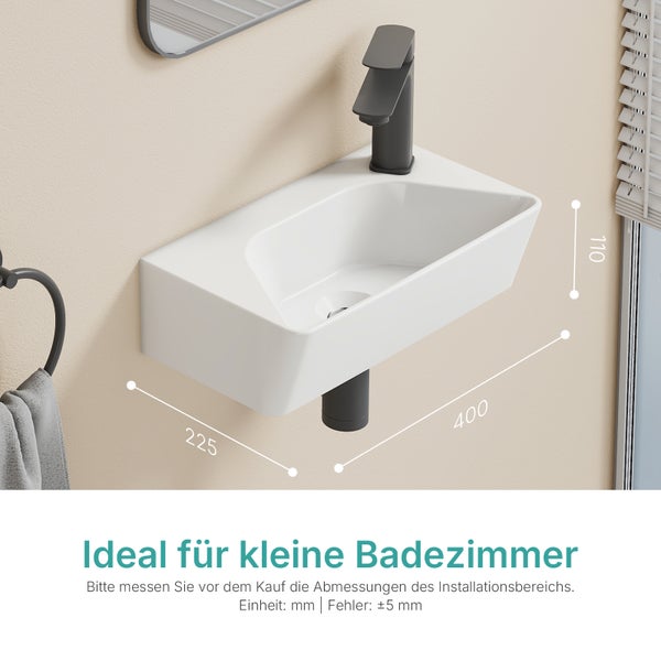 Weißes Waschbecken mit Armatur und Abmessungen für kleine Badezimmer