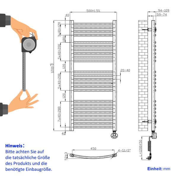 EMKE Elektrischer Badheizkörper  Design- Paneelheizkörper mit Thermostat und Timer für Handtuchwärmer, 500 Watt, 50 cm x 120 cm, Anthrazit