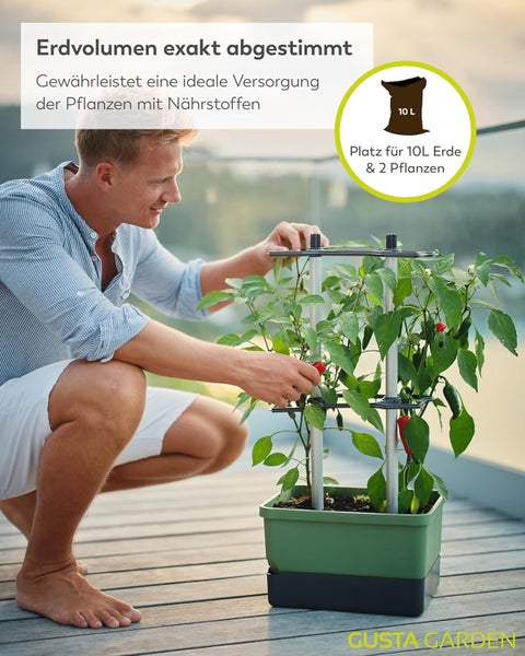 Mann kümmert sich um Pflanzen in einem Pflanzkasten von Gusta Garden mit Rankhilfe