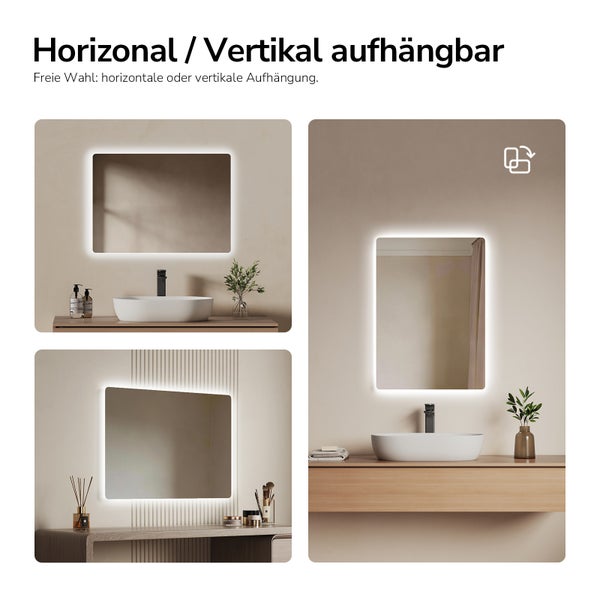 Beleuchteter Badezimmerspiegel in horizontaler und vertikaler Ausrichtung über einem Waschbecken und Frisiertisch in hellem, organisiertem Ambiente.