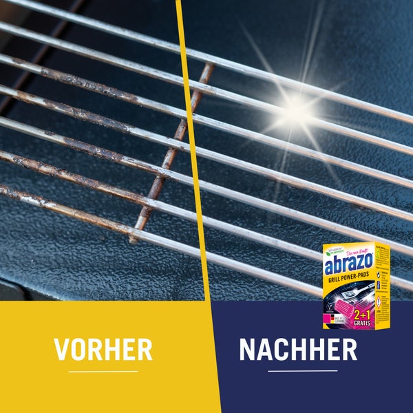 Vorher-Nachher-Vergleich einer Grillrost-Reinigung mit abrazo Grill Power-Pads. Links ein verschmutzter Rost, rechts ein glänzend sauberer Rost.