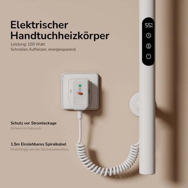 Elektrischer Handtuchheizkörper mit Spiralkabel und digitaler Anzeige.