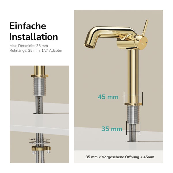 Produktbild einer Armatur zur einfachen Installation mit maximal 35 Millimeter Deckdicke und 35 Millimeter Rohrlänge mit 1/2 Zoll Adapter