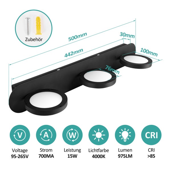 Abbildung einer schwarzen Wandleuchte mit drei LED-Leuchten und Zubehör sowie Maßangaben