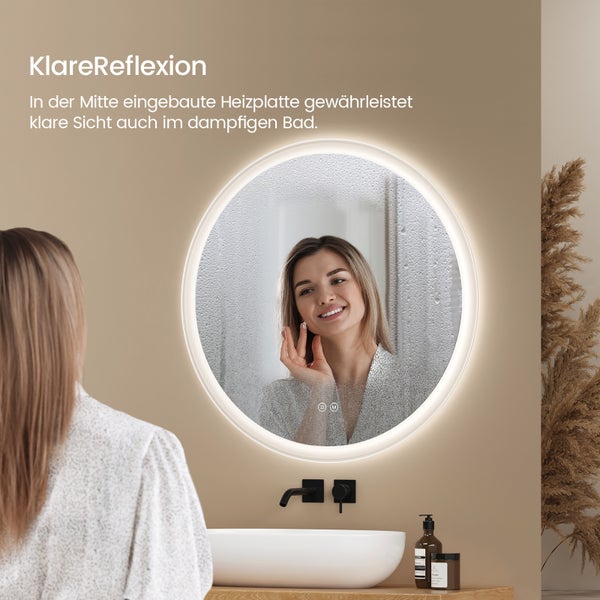 EMKE Badspiegel mit Beleuchtung Ø80 cm, rund, LED Wandspiegel, Touch-Schalter, dimmbar, Anti-Beschlag, 5 mm Glas, Memory, satiniert, rostfrei, für Badezimmer