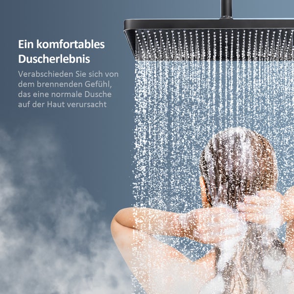 EMKE Duschsystem mit Thermostat 38 °C, 3 Strahlart(en), Überkopfbrause, Handbrause mit 3 Funktionen, unterer Wasserauslass, Verbrühungsschutz, Wandmontage, 114,6 × 45 × 48 cm, Anthrazit Matt