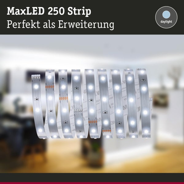 MaxLED 250 LED Streifen Eigenschaften: selbstklebend, 30 LEDs pro Meter, kürzbar alle 16,7 Zentimeter und leicht zu verbinden.