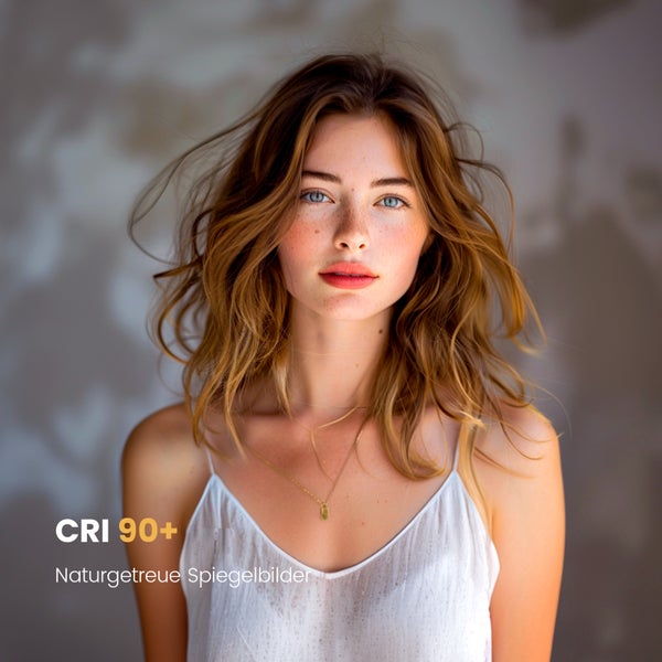 Frauenporträt mit Kennzeichnung Farbwiedergabeindex CRI 90+ für naturgetreue Spiegelbilder