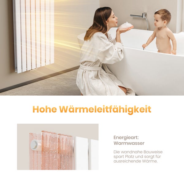 Badezimmer mit Heizkörper, Badewanne, Frau und Baby