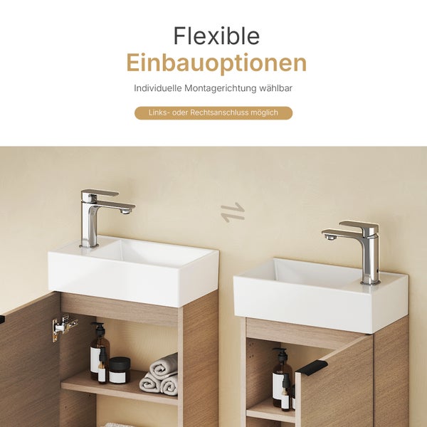 Waschtisch mit flexiblen Einbauoptionen, Montage wahlweise links oder rechts