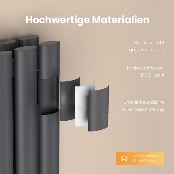 EMKE Badheizkörper 600×240 mm, Designheizkörper, Vertikal, Doppelrohr oval, 248 W, Anthrazit, für Warmwasserbetrieb, für Bad, Zentralanschluss