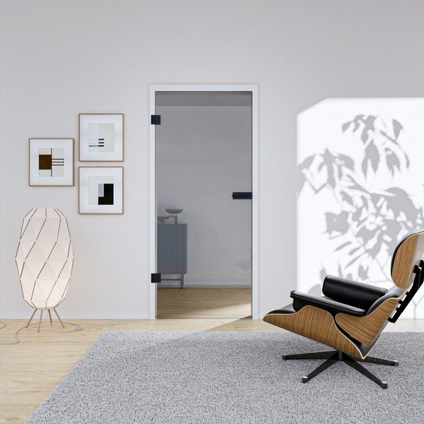 Moderne Ganzglastür mit schwarzen Beschlägen in einem hellen, minimalistischen Wohnzimmer mit Holzboden und grauem Teppich.