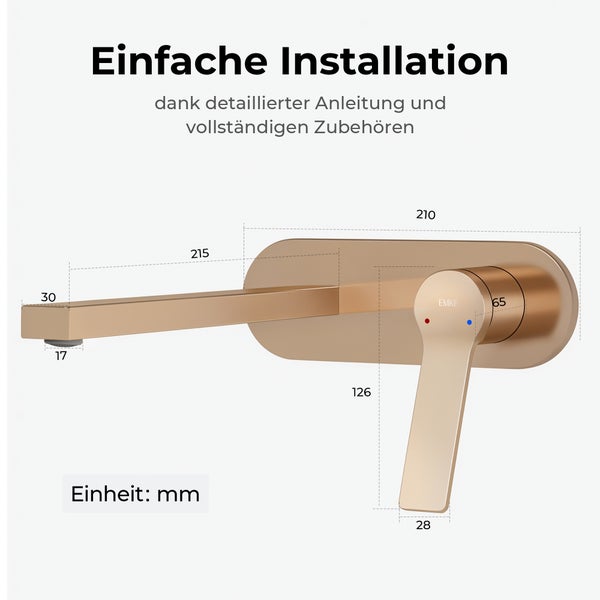 EMKE Wasserhahn Bad Unterputz, Waschtischarmatur Unterputz aus Kupfer, 2-Loch Wandarmatur, Rosengold, 288×210×70 mm, für Badezimmer Waschbecken geeignet