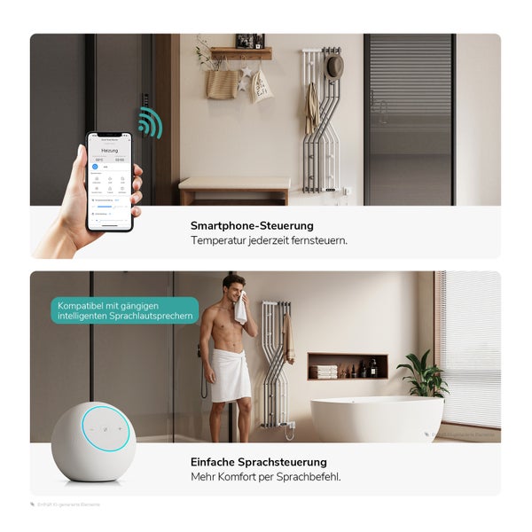 Smart Home Badheizkörper mit Smartphone App Steuerung und Sprachsteuerung für eine bequeme Temperaturregelung im Badezimmer.