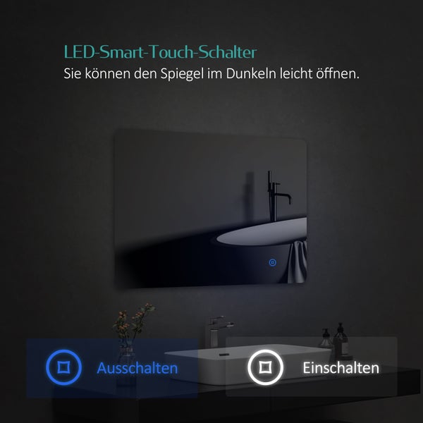 EMKE Badspiegel mit Beleuchtung 80 x 60 cm, Kaltweiß, Rückbeleuchtung, dimmbare Helligkeit, Touch-Schalter, horizontal/vertikal montierbar, IP44, für Bad
