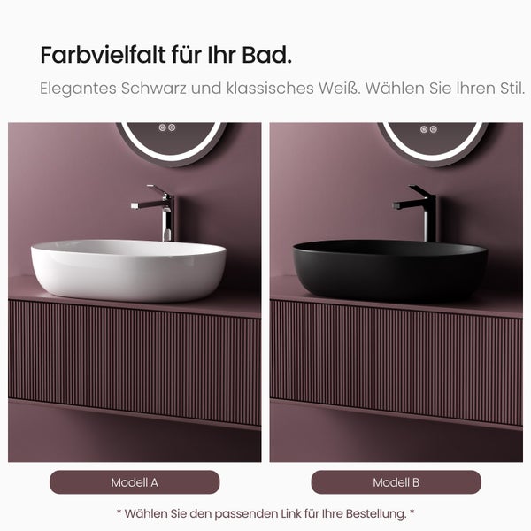 EMKE Aufsatzwaschbecken, Ovales Waschbecken 600 x 415 mm, Glänzend Weiß, Keramik, Ohne Hahnloch, Pflegeleicht, Antibakteriell & Feuchtigkeitsbeständig, Für Bad & WC, Höhe 146 mm
