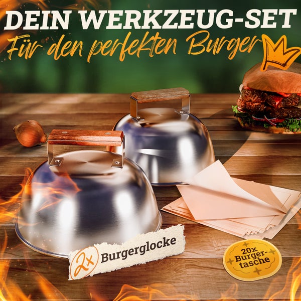 LIKAYA® Burgerglocken-Set [3-tlg.] für Smash Burger aus Edelstahl & Akazienholz-Griffen für Plancha, Grillplatte, Gasgrill & Feuerplatte | 2x Burgerglocke & 20x Burgerpapier
