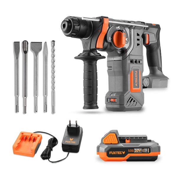 FUXTEC Akku-Bohrhammer inklusive Ladegerät, 20 Volt Akku und verschiedenen Meißeln und Bohrern als Set.
