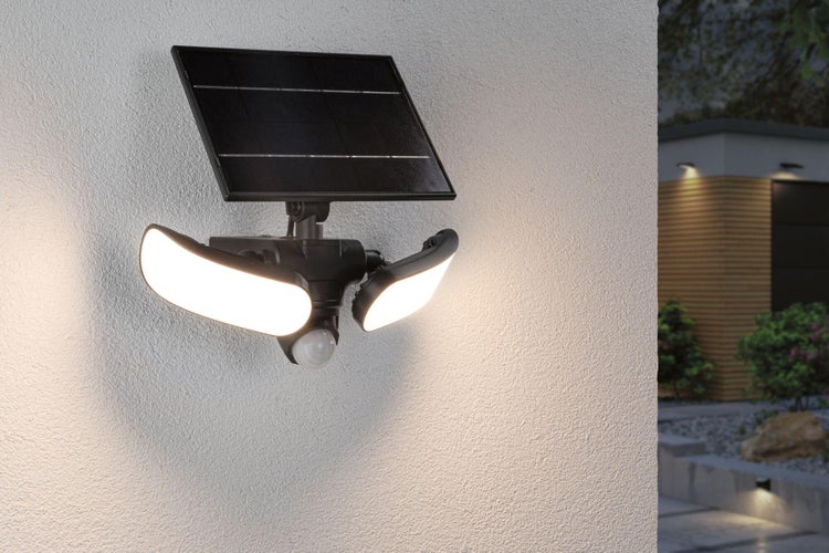 Solar LED Wandfluter Sonlig Dämmerungsgesteuerter Bewegungsmelder (IR) IP65 eckig 286x137mm 3000K 2x9W 2x1100lm 3,7V Anthrazit Kunststoff