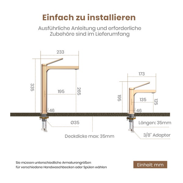Zeichnung einer Waschtischarmatur mit Maßangaben
