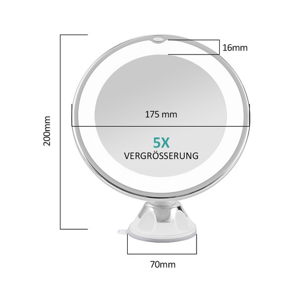 EMKE Kosmetikspiegel 20x17,5 cm, 5-fach Vergrößerung, 14 LEDs 6000K, mechanischer Schalter, Tisch- und Wandhalterung (Saugnapf), mattierter Spiegelrand, IP20