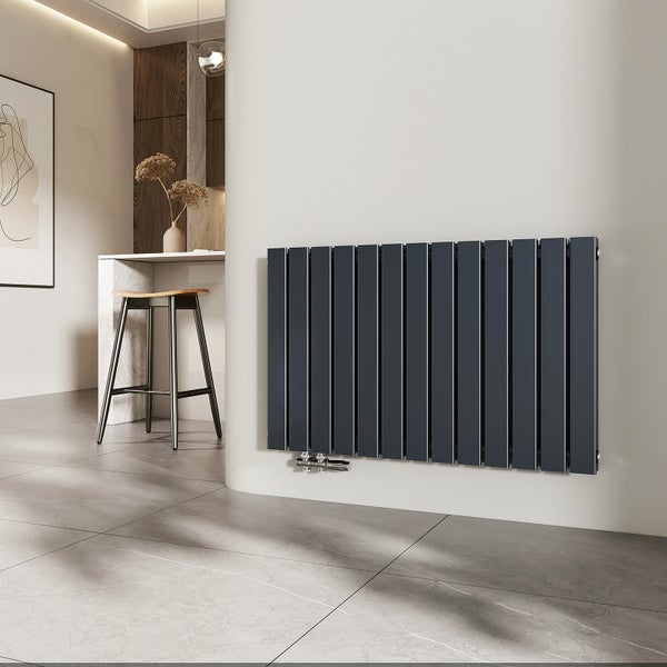 EMKE Flachheizkörper 63x100 cm, Doppellagig, Seitenanschluss, 1343 W, Design Paneelheizkörper, Horizontal montierbar, Badezimmerheizkörper, Anthrazit