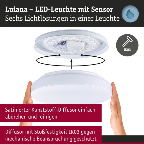 LED Deckenleuchte Luiana Dämmerungsgesteuerter Bewegungsmelder (HF) IP44 3000 - 5700K 1750lm 230V 16,5W dimmbar Weiß